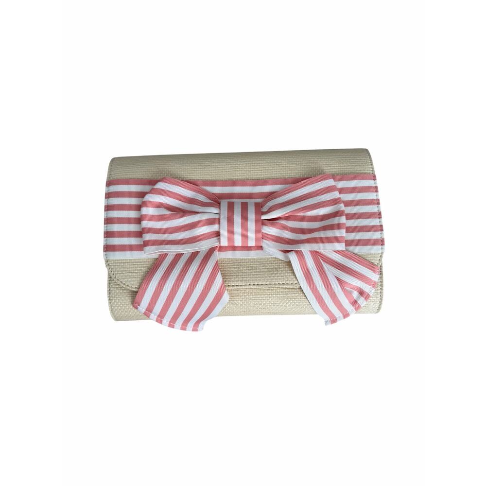Mark & Graham Ribbon Bow Clutch Hand Bag Purse Preppy Straw Raffia Summer Boho - Picture 3 of 5
